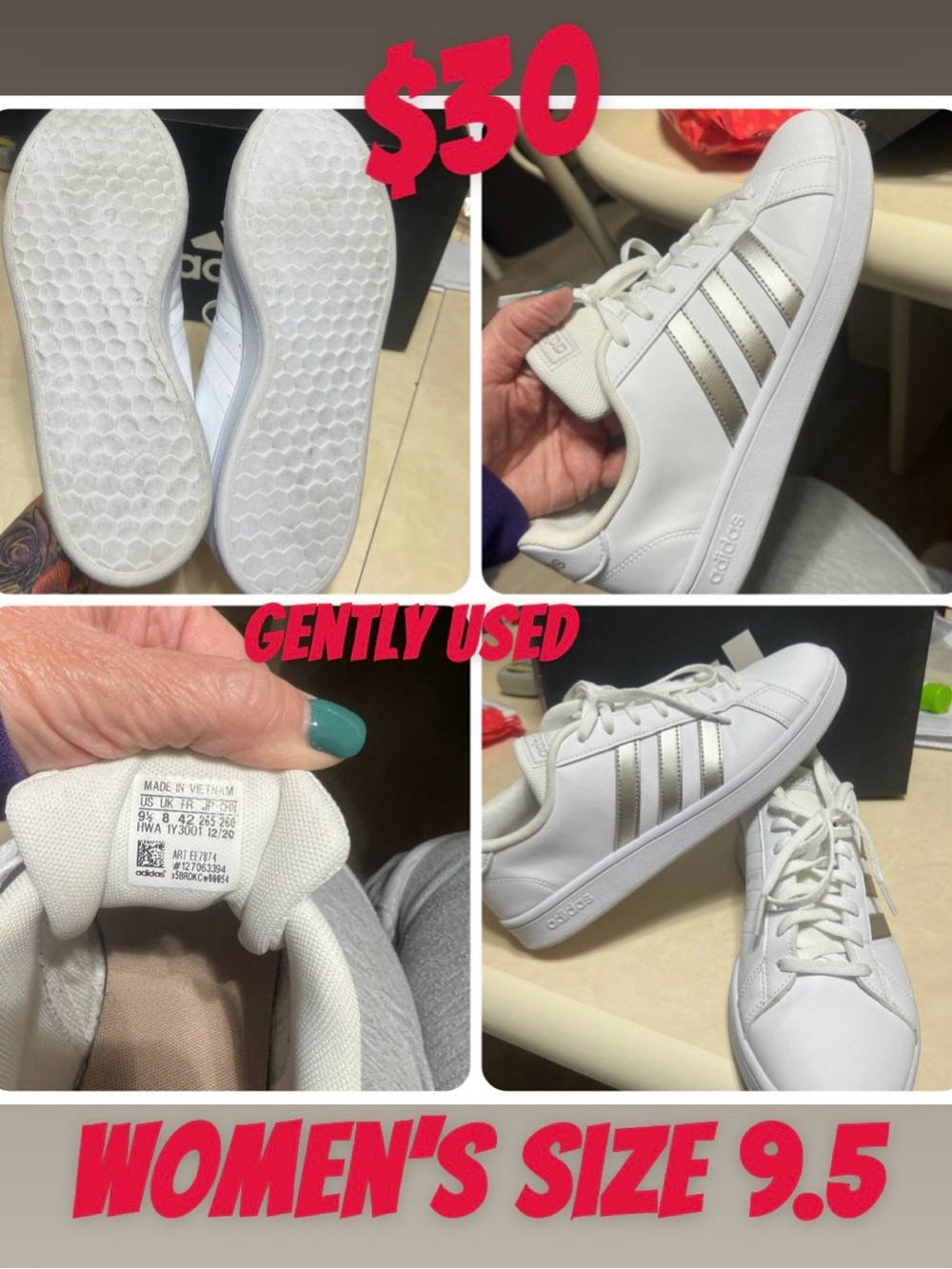adidas White Sneakers with Silver Three Stripes - Women’s